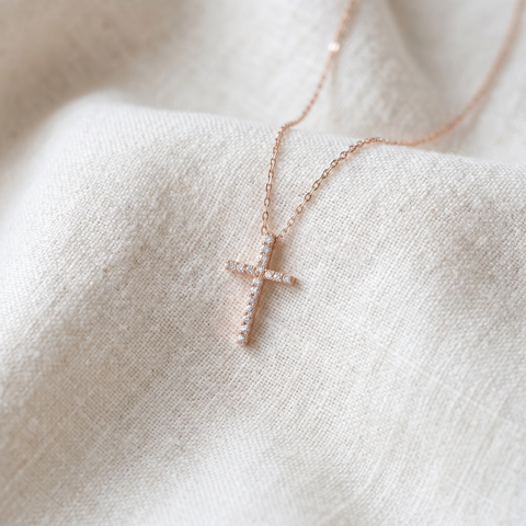 1/10ct Diamond Cross Pendant 14K Rose Gold 1/2" Tall