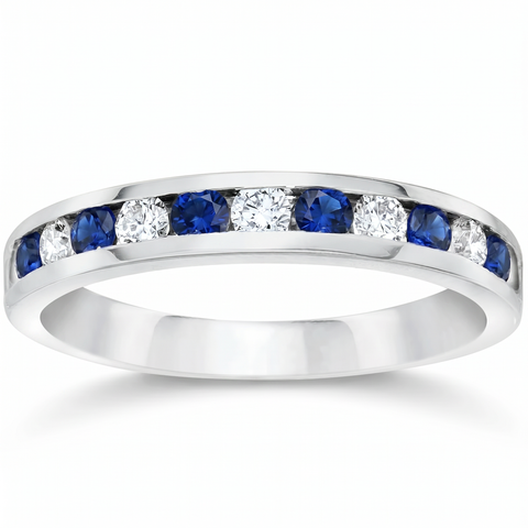 3/4ct Blue Sapphire & Diamond Channel Set Wedding Stackable Ring 14K White Gold