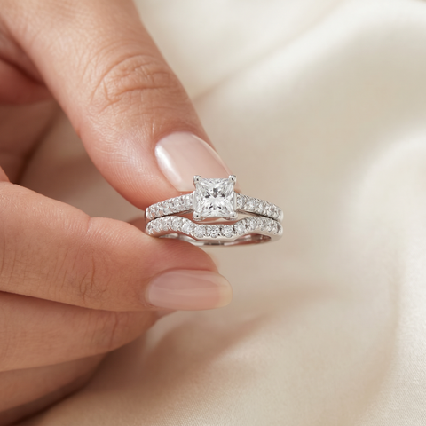 F/VS 1.50ct Princess Cut Diamond Engagement Matching Wedding Ring Gold Lab Grown