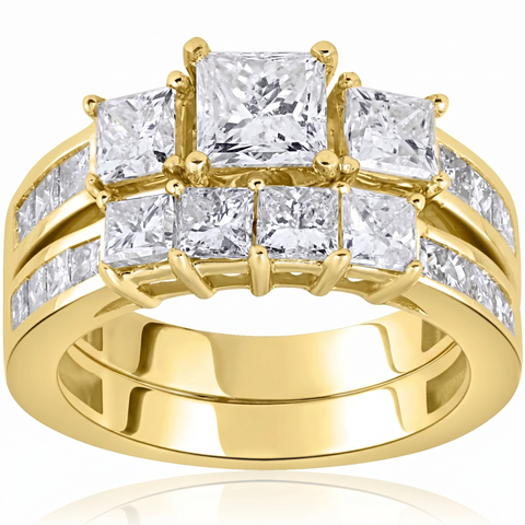 3 1/2ct Side Stone Diamond Engagement Matching Wedding Ring Set 14K Yellow Gold
