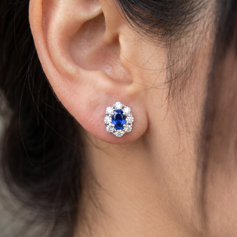 3.10 Ct Blue Sapphire & Diamond Halo Studs 14k White Gold Lab Grown