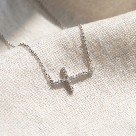Diamond Sideways Cross 14K White Gold 3/4" Wide