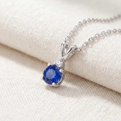 1/2Ct Synthetic Blue Sapphire & Natural Diamond Solitaire Pendant 14K White Gold