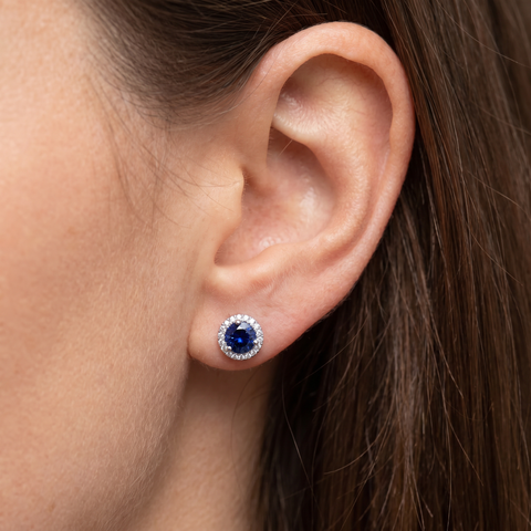 1 Ct Blue Sapphire Diamond Halo Studs Earrings 14k White Gold