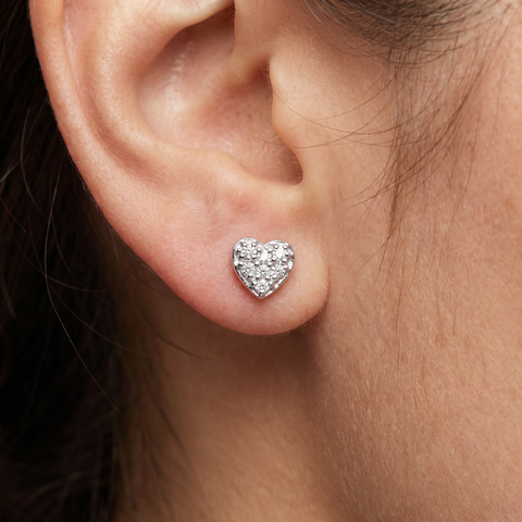 14K White Gold Diamond Pave Small Heart Studs Dainty High Polished 5.7MM