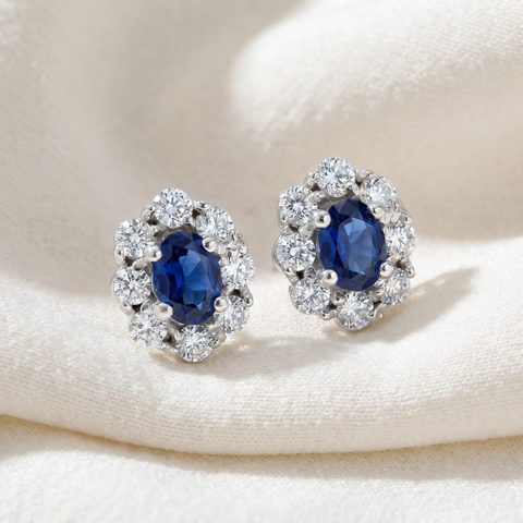 3 Ct Blue Sapphire & Diamond Halo Studs 14k White Gold