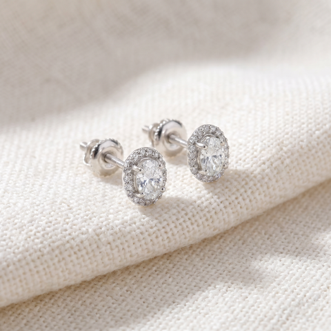 1/2Ct TW Oval Shape Halo Diamond Studs 10k White or Yellow Gold Earrings