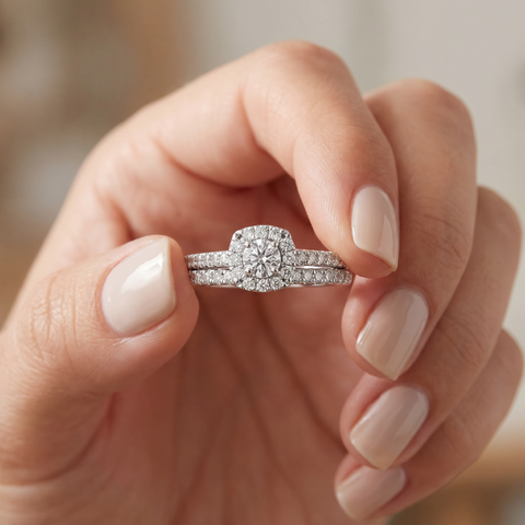 1ct Cushion Halo Diamond Engagement Wedding Ring Set 14K White Gold