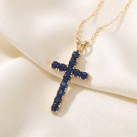 1 1/5 Ct Genuine Blue Sapphire Cross Pendant Necklace 18" Yellow Gold (1'' tall)