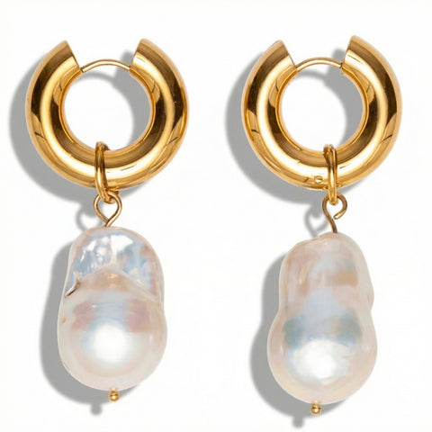 18k Yellow Gold Plated 2" Fresh Water Pearl Hoops