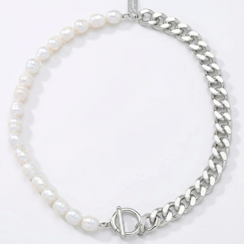 Fresh Water Pearl Half Curb Link Necklace 18" Toggle Clasp