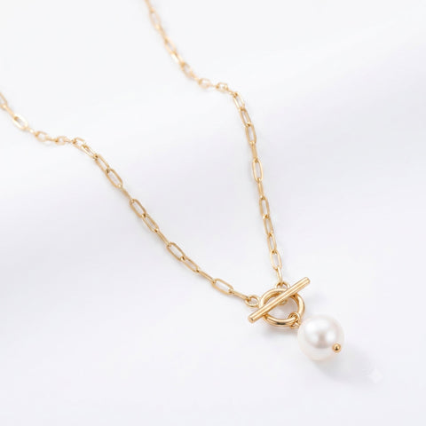 18k Yellow Gold Plated Cable Chain Fresh Water Pearl Cassis Necklace 18.5"