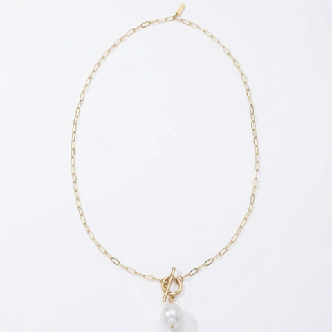 18k Yellow Gold Plated Cable Chain Fresh Water Pearl Cassis Necklace 18.5"