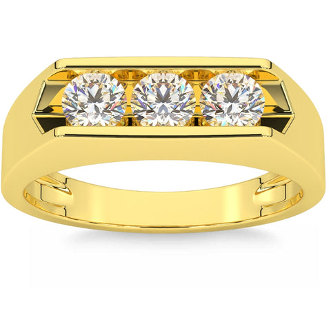 VS 1 1/2ct Lab Grown Diamond Three Stone Mens Wedding Ring 10K Yellow Gold