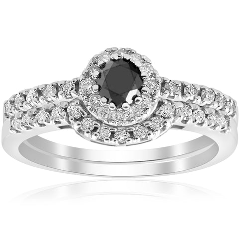 7/8ct Treated Black Pave Halo Diamond Vintage Engagement Ring Set White Gold 14k