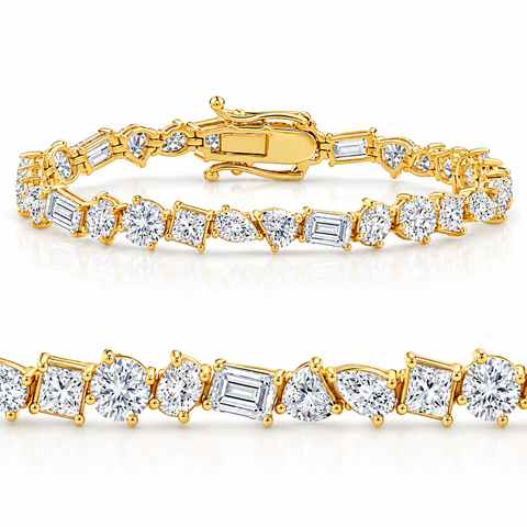 F/VS 15Ct Mixed Fancy Cut Diamond Tennis Bracelet 14k Gold Lab Grown 7"