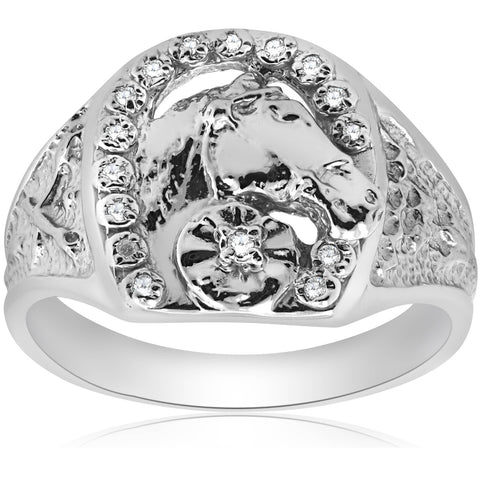 Mens Diamond Lucky Horseshoe Ring 10K White Gold
