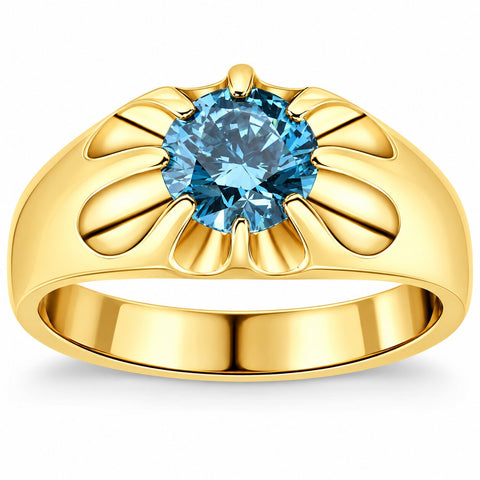 2Ct Blue Diamond Men's Belcher Solitaire Ring Gold High Polished Lab Grown