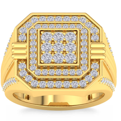 1 3/4Ct Men's Diamond Square Multi-Diamond Double Octagon Frame Ring Yellow Gold