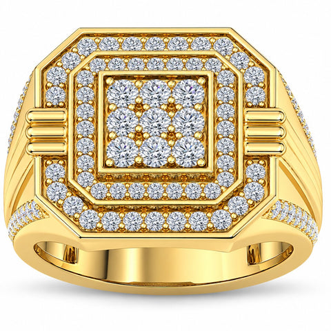 1 3/4Ct Men's Diamond Square Multi-Diamond Double Octagon Frame Ring Yellow Gold