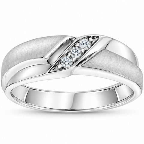 Mens 1/10ct White Gold Diamond Ring Contour Brushed Three Stone Wedding Band