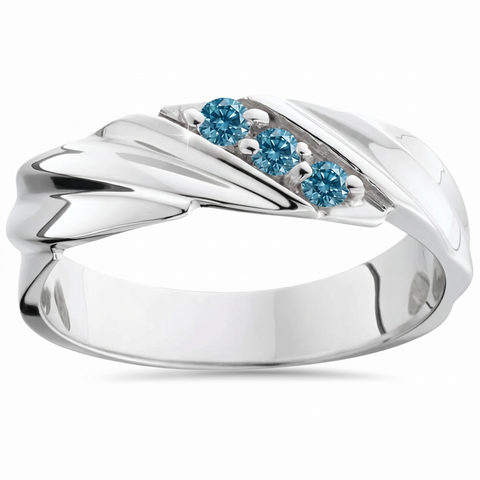 1/10ct Treated Blue Diamond Mens Three Stone Wedding Ring 14K White Gold
