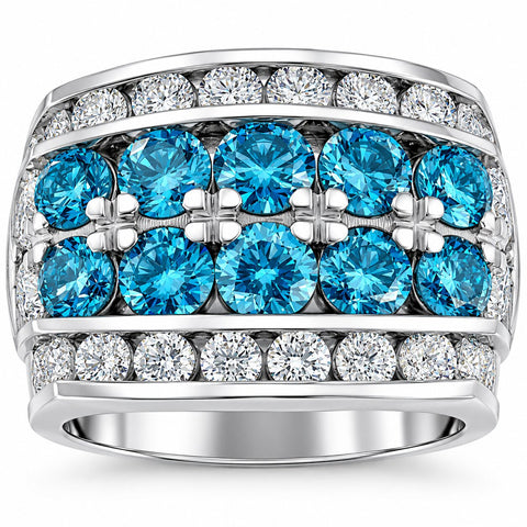 VS 7Ct Blue Diamond Men's Four Row Huge Anniversary Ring in 10k White Gold