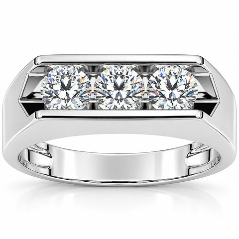 1 1/2ct Diamond Three Stone Mens Wedding Ring in White or Yellow Gold 14k