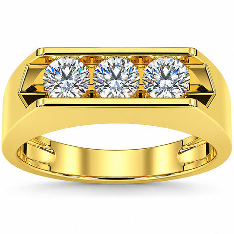 VS 1 1/2ct Lab Grown Diamond Three Stone Mens Wedding Ring 10K Yellow Gold