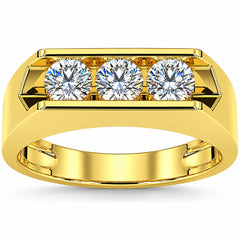 VS 1 1/2ct Lab Grown Diamond Three Stone Mens Wedding Ring 10K Yellow Gold