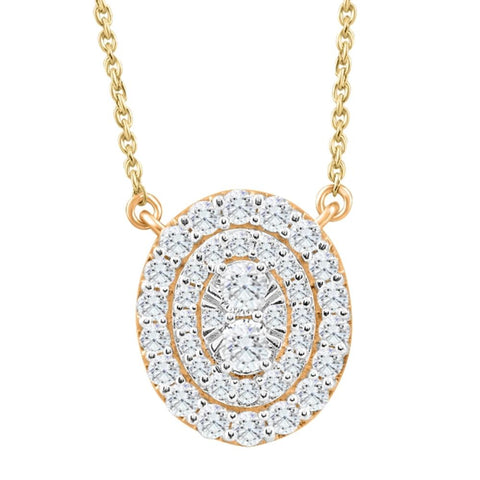 VS .85Ct Oval Diamond Halo Pendant Lab Grown Yellow Gold Necklace 14mm Tall