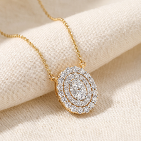 VS .85Ct Oval Diamond Halo Pendant Lab Grown Yellow Gold Necklace 14mm Tall
