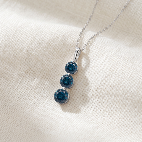 1 1/2ct Three Stone Blue Diamond Pendant 14K White Gold Lab Grown Necklace