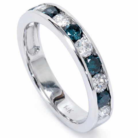 1 carat Channel Set Treated Blue & White Diamond Ring 14K White Gold