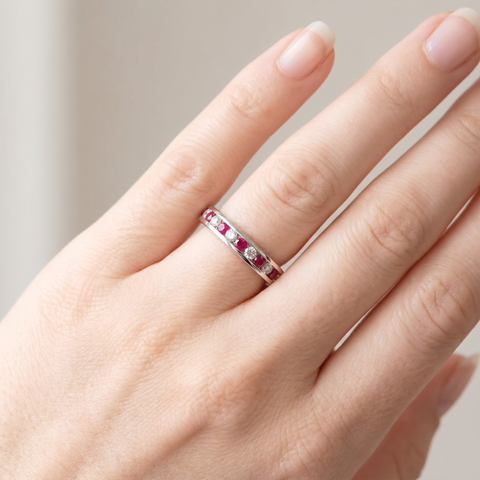 Ruby Diamond Eternity Ring 1 1/2ct Channel Set 14K White Gold Stackble Band