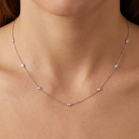 1/4ct Diamonds Bezel Station Necklace 18" 14K White Gold Womens