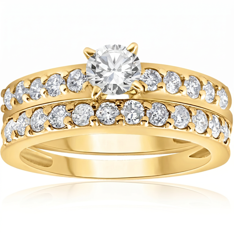 14k Yellow Gold 1 Carat Round Diamond Engagement Ring Matching Wedding Band Set