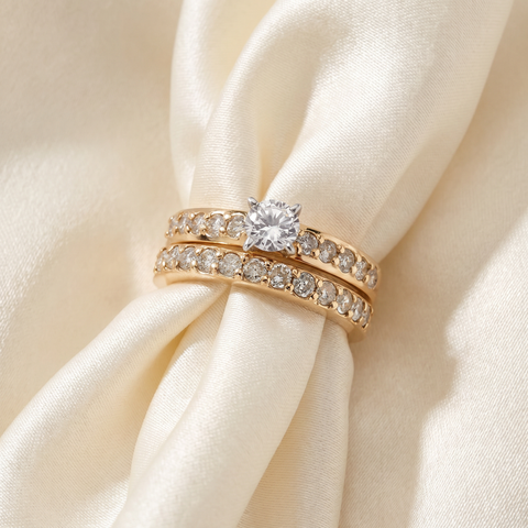 14k Yellow Gold 1 Carat Round Diamond Engagement Ring Matching Wedding Band Set