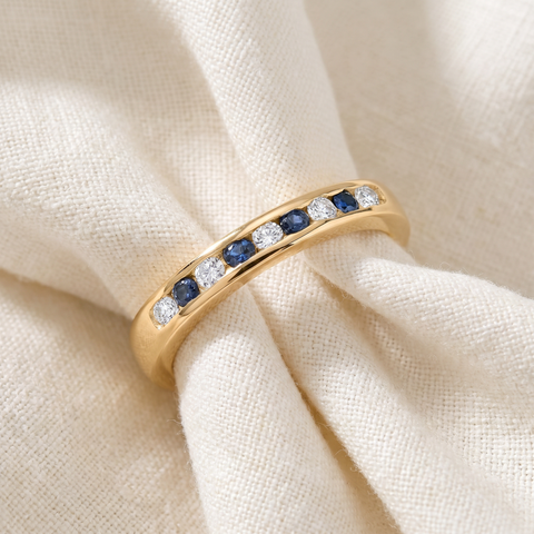 1/3ct Blue Sapphire & Round Diamond Wedding Yellow Gold Anniversary Guard Ring