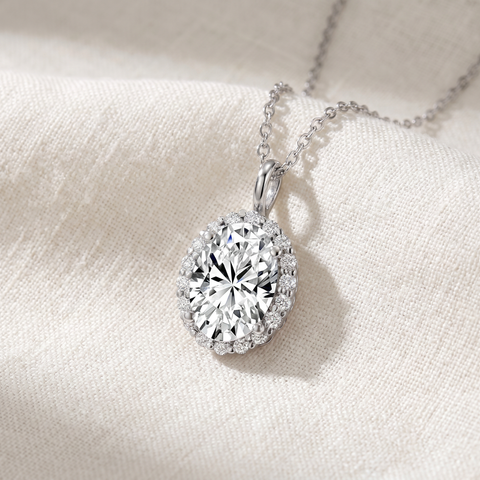 3 Ct Oval Moissanite & Lab Grown Diamond Halo Pendant 14k Gold Necklace
