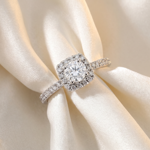 1/2 cttw Diamond Cushion Halo Solitaire Round Cut Engagement Ring 10K White Gold