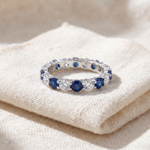 3ct Blue Sapphire & Diamond Eternity Ring 14K White Gold