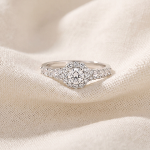 3/4 Ct Cushion Halo Round Diamond Engagement Ring 14K White Gold Solitaire