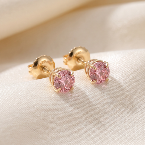 VS 3/8Ct Pink Lab Grown Diamond Screw Back Studs Earrings 14K Yellow Gold