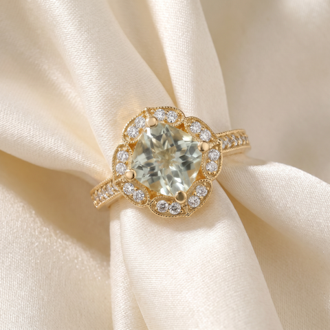 4 1/2Ct Green Amerthyst Cushion & Diamond Ring in 10k Yellow Gold