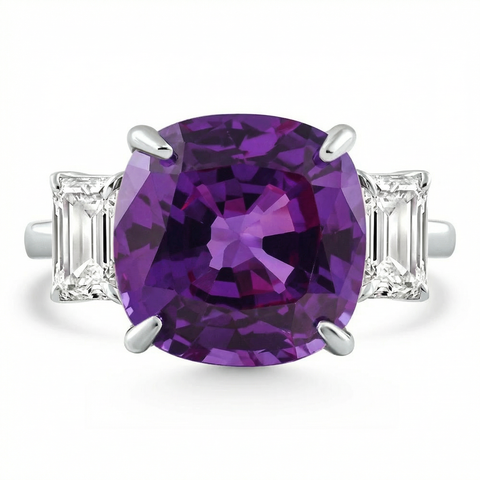 11.90Ct Cushion Amethyst & Emerald Cut Diamond Ring 14k White Gold Lab Grown