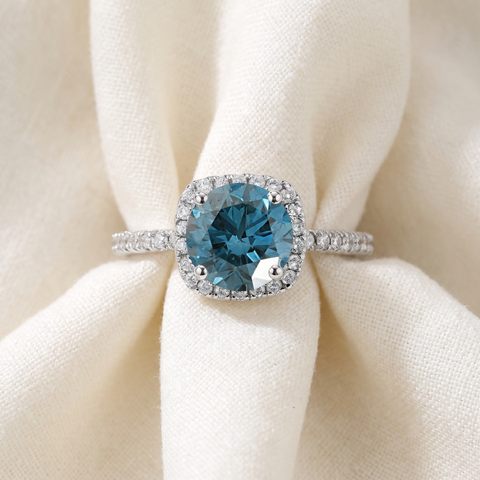 1 3/4 ct Blue Diamond Cushion Halo Engagement Ring 14k White Gold Lab Grown