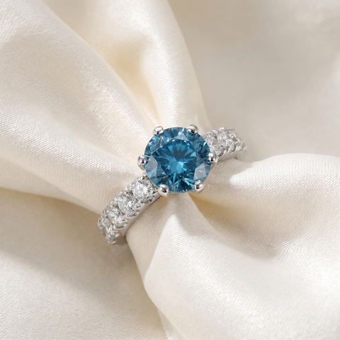 3 1/2ct Blue Lab Grown Diamond Engagement Ring 14K White Gold Round Cut