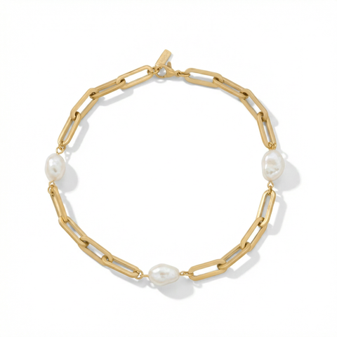 Aviv Anklet 18k Gold Plated 10" 8mm Paperclip and Freshwater Pearl