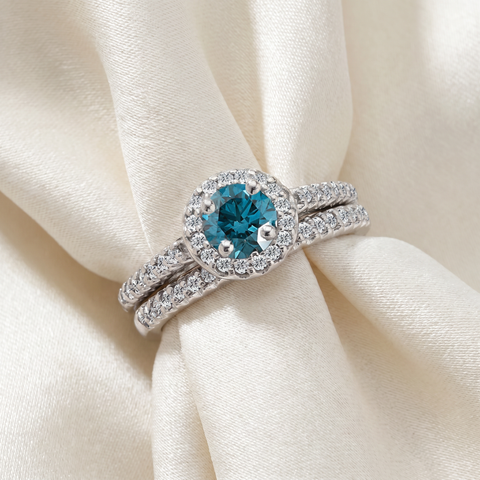 3/4Ct Halo Round Blue Diamond Engagement Matching Wedding Ring Set White Gold